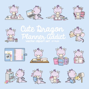 May include: A set of 12 digital clipart images featuring cute purple dragons with pink accents. The dragons are engaged in various activities related to planning, such as writing in a planner, decorating a planner, and holding a planner. The text "Cute Dragon Planner Addict" is included in the image.