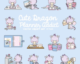 May include: A set of 12 digital clipart images featuring cute purple dragons with pink accents. The dragons are engaged in various activities related to planning, such as writing in a planner, decorating a planner, and holding a planner. The text "Cute Dragon Planner Addict" is included in the image.
