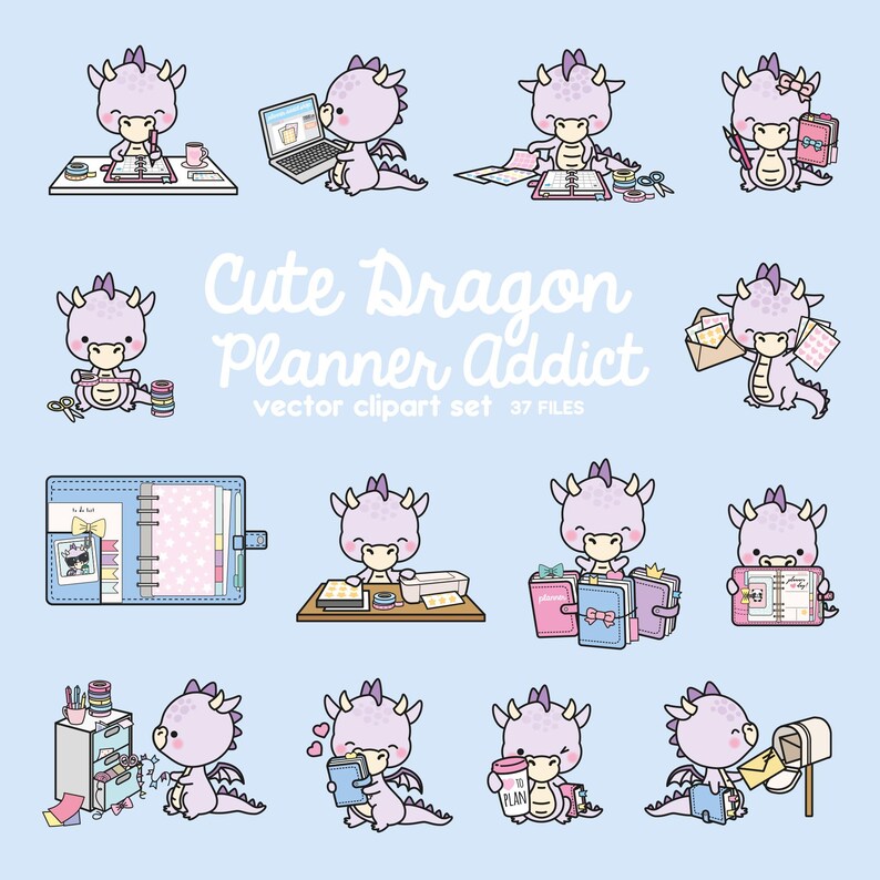 May include: A set of 12 digital clipart images featuring cute purple dragons with pink accents. The dragons are engaged in various activities related to planning, such as writing in a planner, decorating a planner, and holding a planner. The text "Cute Dragon Planner Addict" is included in the image.