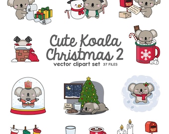 May include: A set of 37 digital clipart images featuring cute koala bears celebrating Christmas. The images include a koala wearing a Santa hat, a koala in a snow globe, a koala in a mug of hot chocolate, and a koala decorating a Christmas tree.