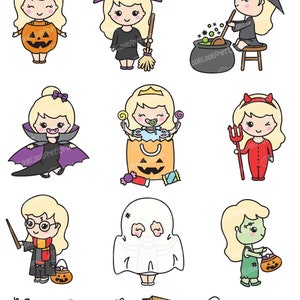 May include: A set of nine digital illustrations of children dressed in various Halloween costumes. The costumes include a witch, a vampire, a ghost, a devil, a pumpkin, a princess, a zombie, a wizard, and a witch making a potion. The illustrations are in a cartoon style and are perfect for use in Halloween-themed projects.