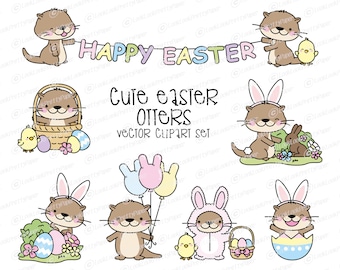 Premium Vector Clipart - Kawaii Otter - Cute Otters Clipart - Easter Otters - Instant Download - Kawaii Clipart