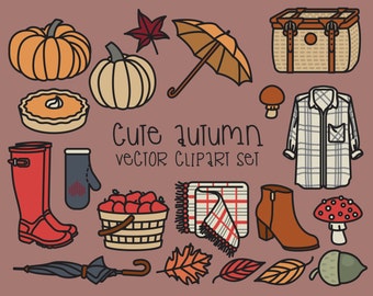 Premium Vector Clipart - Cute Autumn Clipart - Kawaii Fall Clip Art Set - High Quality Vectors - Instant Download - Kawaii Fashion Clipart
