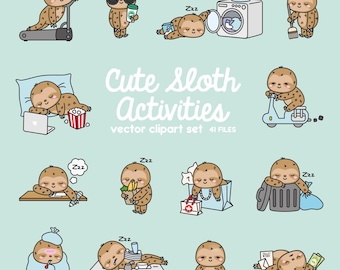 Premium Vektor Clipart - Kawaii Faultier - süsse Faultier Planung Clipart - Instant Download - Kawaii Clipart
