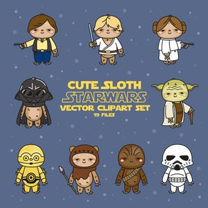 May include: A set of 10 cute sloth illustrations in the style of Star Wars characters. The sloths are dressed as Luke Skywalker, Princess Leia, Yoda, Darth Vader, Chewbacca, C-3PO, R2-D2, and a Stormtrooper. The illustrations are in a cartoon style and are perfect for use in crafts, scrapbooking, or digital projects.