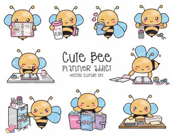 Premium Vector Clipart - Kawaii Bee - Cute Bee Planner Addict Clipart -Bees Loves Planning - Instant Download - Kawaii Clipart