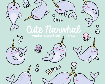 Premium Vektor Clipart - Kawaii Narwhal - Süßer Narwal Clipart Set - hochwertige Vektoren - Instant Download - Kawaii Clipart