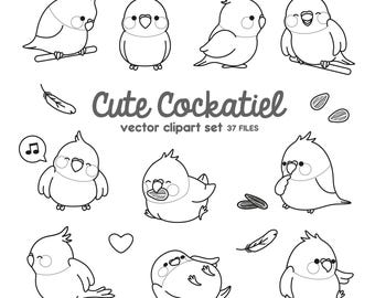 Premium Vektor Clipart - Kawaii Nymphensittich Umrisse - Süßer Nymphensittich Umrisse - Clipart Set - Hochwertige Vektoren - Kawaii Clipart
