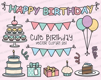 Premium Vector Clipart - Kawaii Birthday - Cute Birthday Party Clipart Set - High Quality Vectors - Instant Download - Kawaii Clipart