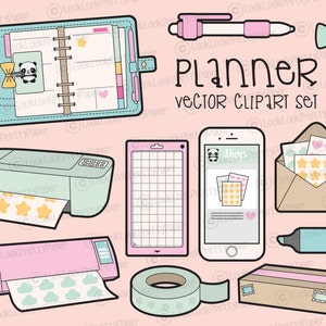 Premium Vector Clipart - Kawaii Planning Clipart - Cute Planner Clip Art - No Faces - High Quality Vectors - Planner Supplies Kawaii Clipart