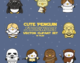 Premium Vector Clipart - Kawaii Penguins Star Wars - Cute Penguins Clipart Set - High Quality Vectors - Kawaii Star Wars Clipart