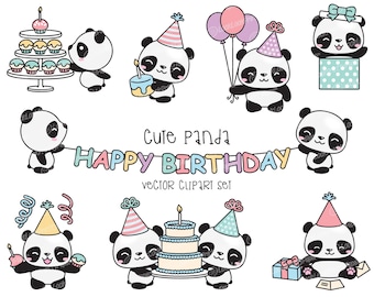 Premium Vector Clipart - Kawaii Birthday Pandas - Cute Birthday Pandas Clipart Set - High Quality Vectors - Kawaii Birthday Clipart