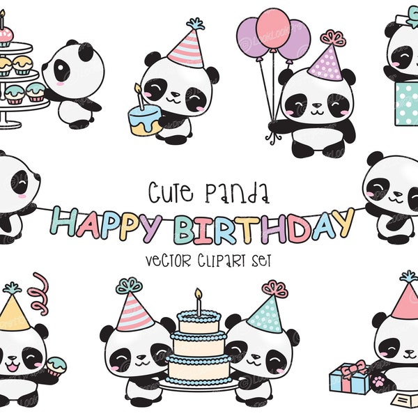 Premium Vector Clipart - Kawaii Birthday Pandas - Cute Birthday Pandas Clipart Set - High Quality Vectors - Kawaii Birthday Clipart