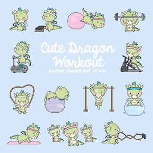 Premium Vector Clipart - Kawaii Workout Dragons - Cute Workout Dragons Clipart Set - High Quality Vectors - Kawaii Workout Clipart