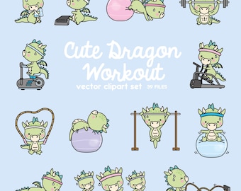 Premium Vector Clipart - Kawaii Workout Dragons - Cute Workout Dragons Clipart Set - High Quality Vectors - Kawaii Workout Clipart