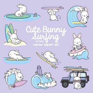 Premium Vektor Clipart - Kawaii Hasen Surfen - Süßes Häschen Surfen Clipart Set - Hochwertige Vektoren - Sofort Download - Kawaii Clipart