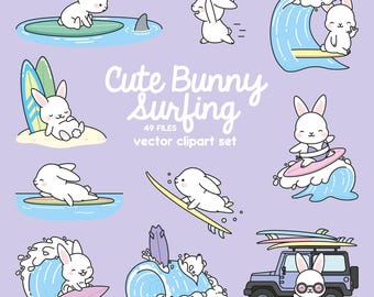 Premium vector clipart - kawaii konijntjes surfen - schattig konijntje surf clipart set - hoge kwaliteit vectoren - direct downloaden - kawaii clipart