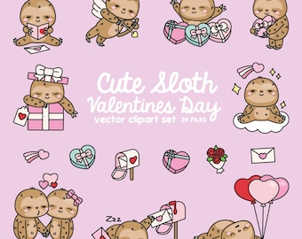 Premium Vector Clipart - Kawaii Valentines Day Sloths - Valentines Day Sloth Clipart - High Quality Vectors - Cute Valentines Day Clipart