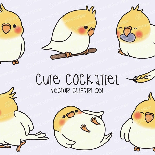 Premium Vector Clipart - Kawaii Cockatiel - Cute Cockatiel Clipart Set - Vecteurs de haute qualité - Téléchargement instantané - Clipart Kawaii