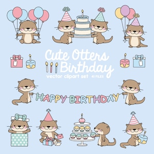 Premium Vektor Clipart - Kawaii Geburtstag Otter - Süßer Geburtstag Otter Clipart Set - Hochwertige Vektoren - Kawaii Geburtstag Clipart