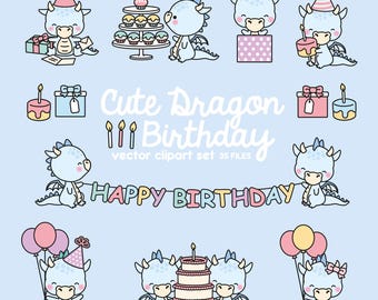 Premium Vektor Clipart - Kawaii Blau Geburtstag Drachen - Niedliche Geburtstag Drachen Clipart Set - Hochwertige Vektoren - Kawaii Weihnachten Clipart