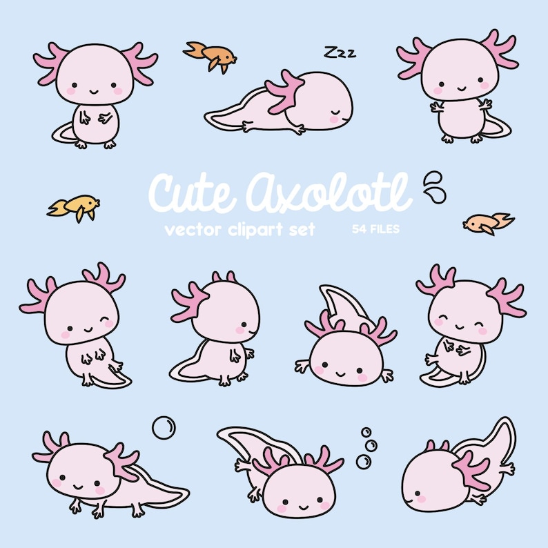 Puede incluir: Un conjunto de 10 ilustraciones de axolotl de dibujos animados lindos en varias poses, incluyendo dormir, nadar y estar de pie. Los axolotls son rosados con ojos negros y branquias rosadas. Las ilustraciones est&aacute;n sobre un fondo azul claro con burbujas y peces.