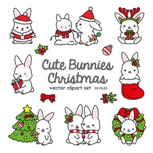 Op de afbeelding: Een set van 10 schattige cartoon-konijnenillustraties met kerstthema's. De konijnen dragen kerstmanmutsen, rendiergewei en houden cadeautjes vast. Sommigen staan ​​naast een kerstboom, een krans en een sok. De tekst "Cute Bunnies Christmas" is geschreven in een feestelijk lettertype.