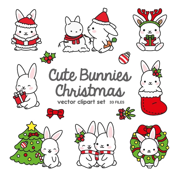 Premium Vector Clipart - Kawaii Christmas Bunnies - Cute Christmas Bunny Clipart Set - High Quality Vectors - Kawaii Christmas Clipart
