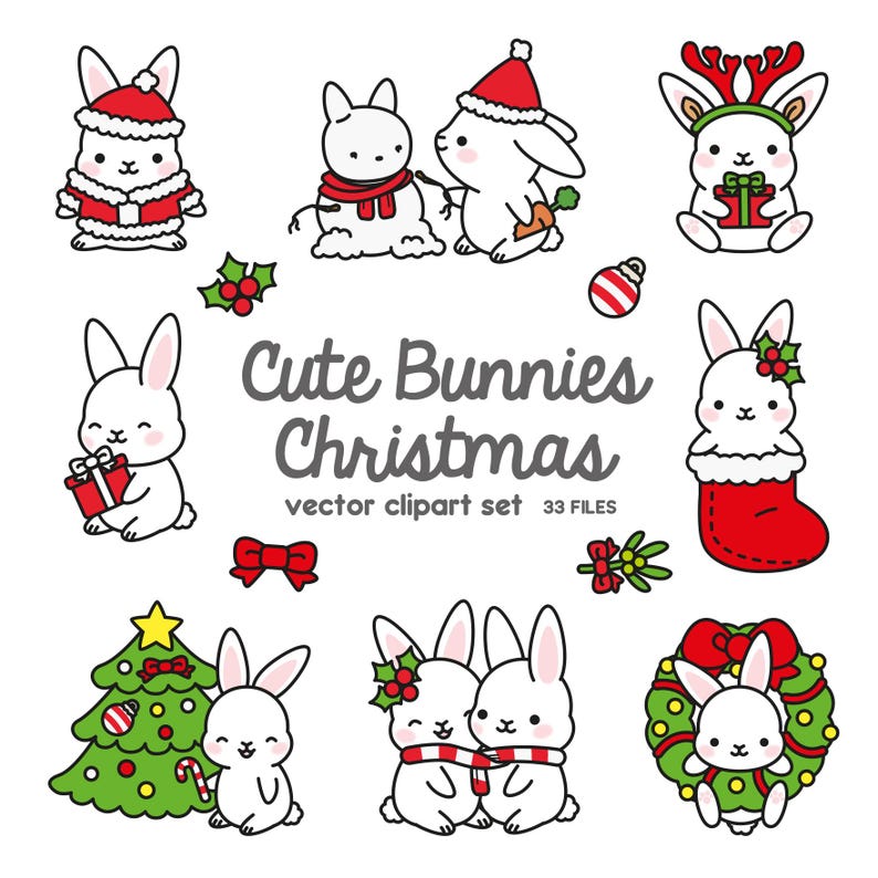 Op de afbeelding: Een set van 10 schattige cartoon-konijnenillustraties met kerstthema's. De konijnen dragen kerstmanmutsen, rendiergewei en houden cadeautjes vast. Sommigen staan ​​naast een kerstboom, een krans en een sok. De tekst "Cute Bunnies Christmas" is geschreven in een feestelijk lettertype.