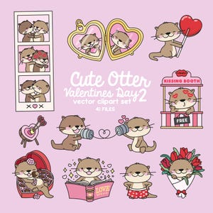 Könnte beinhalten: Ein Set mit 41 digitalen Clipart-Bildern zum Thema Valentinstag mit niedlichen Ottern in verschiedenen Posen. Die Bilder zeigen Otter, die Herzen, Blumen und Süßigkeiten halten, sowie Otter in einem Kussstand und beim Lesen eines Buches. Der Text "Cute Otter Valentines Day 2" und "41 FILES" ist im Bild enthalten.