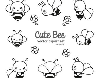 Premium Vector Clipart - Kawaii Bee Outlines - Cute Bees Outlines Clipart Set - High Quality Vectors - Instant Download