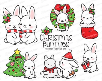 Premium Vector Clipart - Kawaii Christmas Bunnies - Cute Christmas Bunny Clipart Set - High Quality Vectors - Kawaii Christmas Clipart