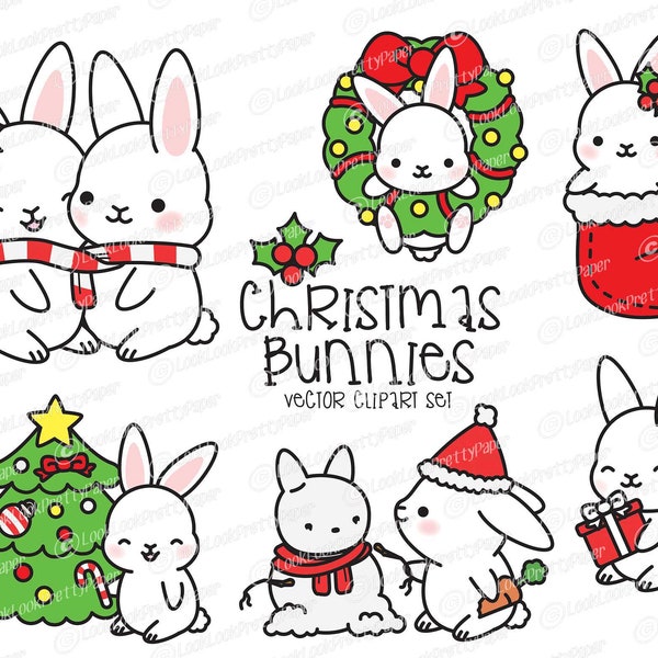 Premium Vector Clipart - Kawaii Christmas Bunnies - Cute Christmas Bunny Clipart Set - High Quality Vectors - Kawaii Christmas Clipart