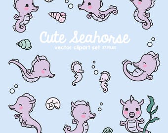 Premium Vector Clipart - Kawaii Sea Horse - Cute Seahorse Clipart Set - High Quality Vectors - Instant Download - Kawaii Clipart