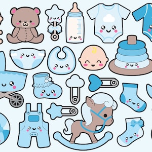 May include: A set of blue and brown baby shower themed clipart featuring a baby, a teddy bear, a rattle, a bottle, a onesie, a diaper, a bib, a baby carriage, a shoe, a sock, a rocking horse, a ball, a pacifier, a duck, a stacking ring, and a teddy bear with a ring.