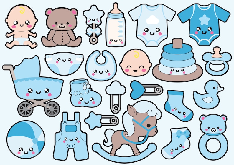 May include: A set of blue and brown baby shower themed clipart featuring a baby, a teddy bear, a rattle, a bottle, a onesie, a diaper, a bib, a baby carriage, a shoe, a sock, a rocking horse, a ball, a pacifier, a duck, a stacking ring, and a teddy bear with a ring.