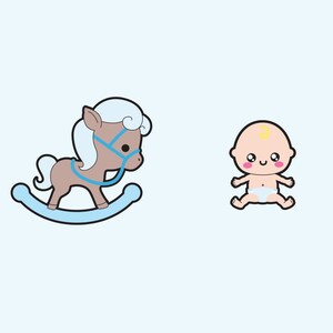 May include: A blue rocking horse with a white mane and a baby in a diaper sitting on the floor.
