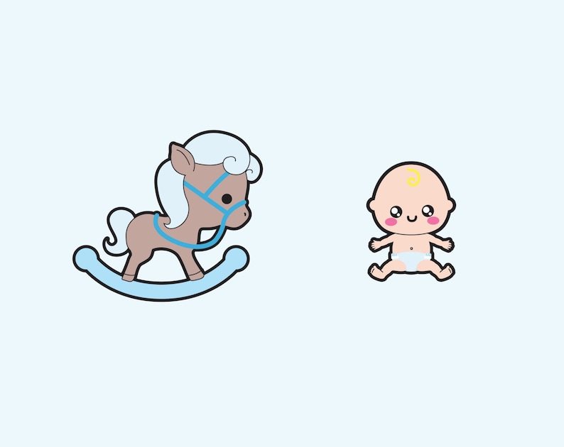May include: A blue rocking horse with a white mane and a baby in a diaper sitting on the floor.