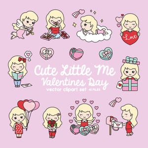 Premium Vector Clipart - Kawaii Valentines Day Cute Me - Valentines Day Girl Clipart Set - Cute Valentines Day Clipart - Blonde Hair