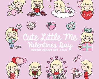 Premium Vector Clipart - Kawaii Valentines Day Cute Me - Valentines Day Girl Clipart Set - Cute Valentines Day Clipart - Blonde Hair