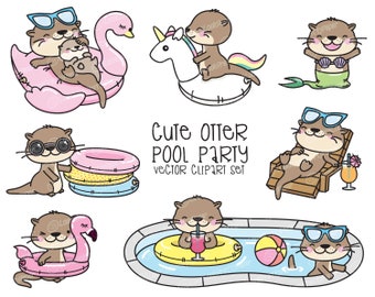 Premium Vector Clipart - Kawaii Otter - Cute Otters Pool Party Clipart - Pool Party - Instant Download - Kawaii Clipart