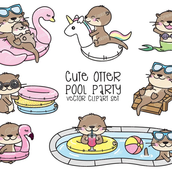 Premium Vector Clipart - Kawaii Otter - Cute Otters Pool Party Clipart - Pool Party - Instant Download - Kawaii Clipart