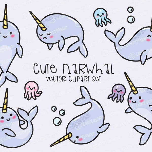 Premium Vector Clipart - Kawaii Narwhal - Cute Narwhal Clipart Set - High Quality Vectors - Instant Download - Kawaii Clipart