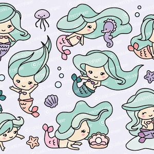 May include: A set of nine cute cartoon mermaids with teal hair and tails. The mermaids are surrounded by sea-themed elements like seashells, starfish, and seahorses.
