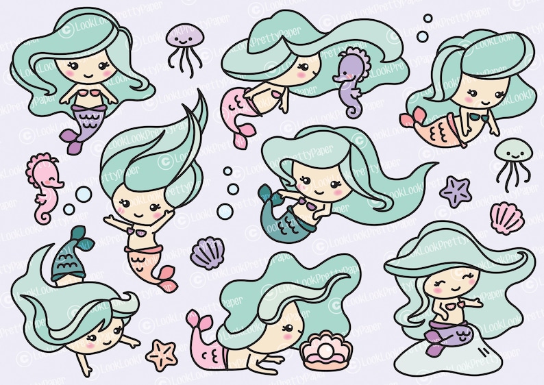 May include: A set of nine cute cartoon mermaids with teal hair and tails. The mermaids are surrounded by sea-themed elements like seashells, starfish, and seahorses.