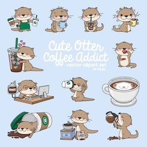 Premium Vektor Clipart - Kawaii Otter - Süße Otter Kaffee Clipart - Kaffeesüchtige - Sofortiger Download - Kawaii Clipart