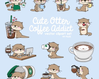 Premium Vector Clipart - Kawaii Otter - Cute Otters Coffee Clipart - Coffee Addicts - Instant Download - Kawaii Clipart