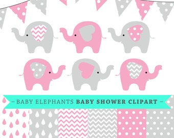 Premium baby shower vector clipart - Baby elephants - pink and grey baby shower - clip art and digital paper set - baby elephant clipart