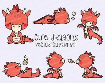 Premium Vector Clipart - Kawaii Dragon - Cute Baby Dragons Clipart Set - High Quality Vectors - Instant Download - Kawaii Clipart Red Dragon