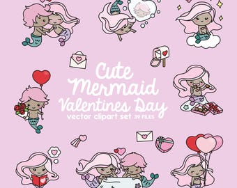 Premium Vektor Clipart - Kawaii Valentines Meerjungfrauen - Valentinstag Meerjungfrauen Clipart Set - Dunkle Haut - Cute Valentines Day Clipart